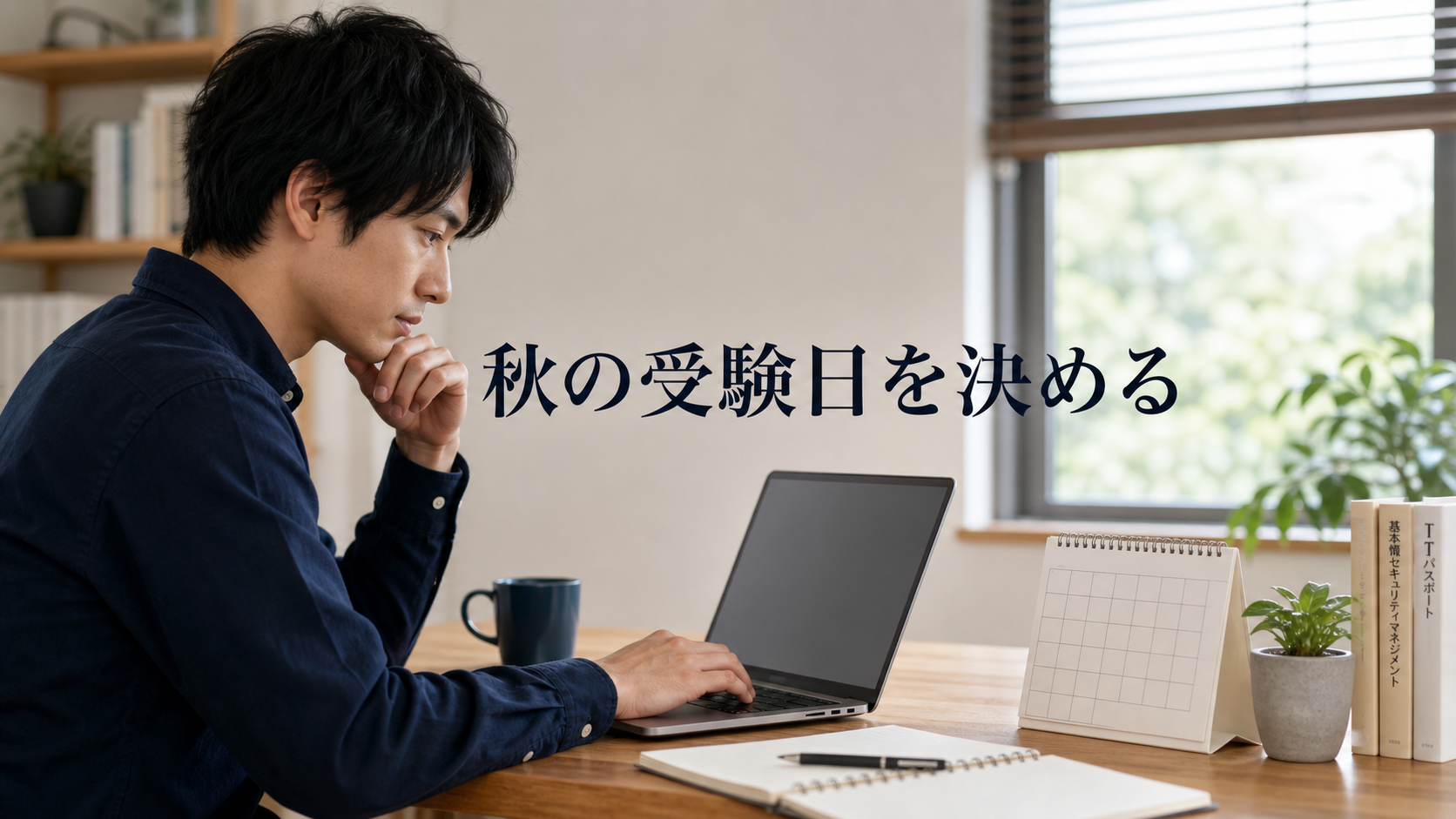 秋の受験日を決める文字とノートPCで予約を考える人物
