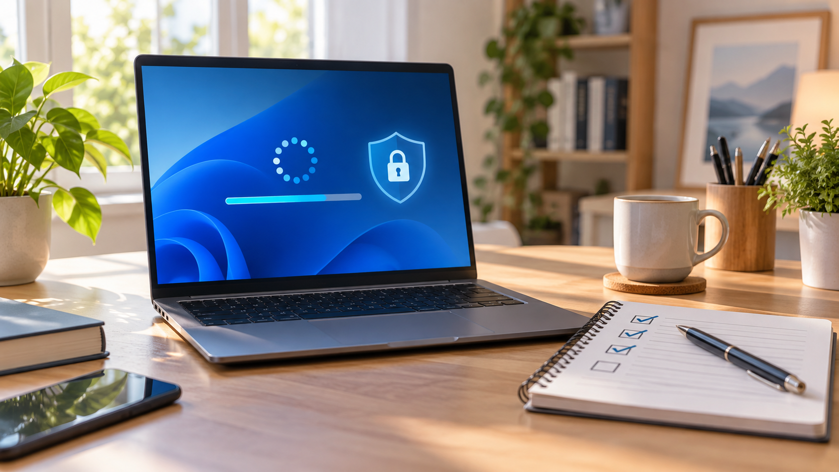 家庭用PCでWindows更新前に作業保存とチェックリストを整えるイメージ
