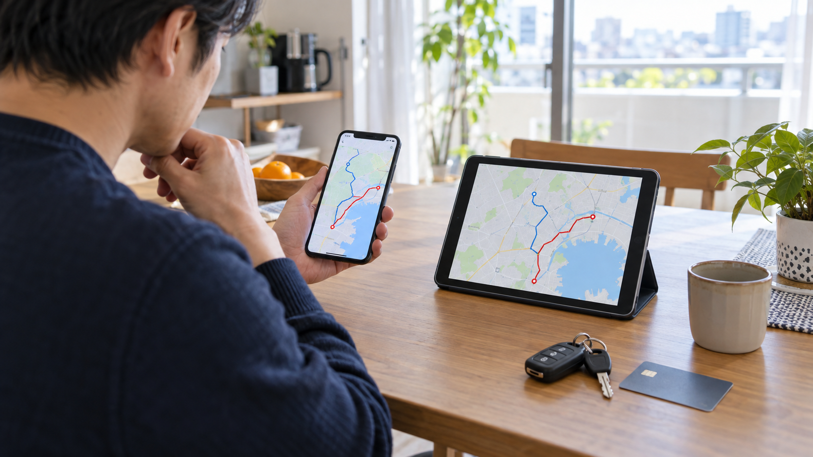 出発前にスマートフォンとタブレットで複数の走行ルートを確認する人