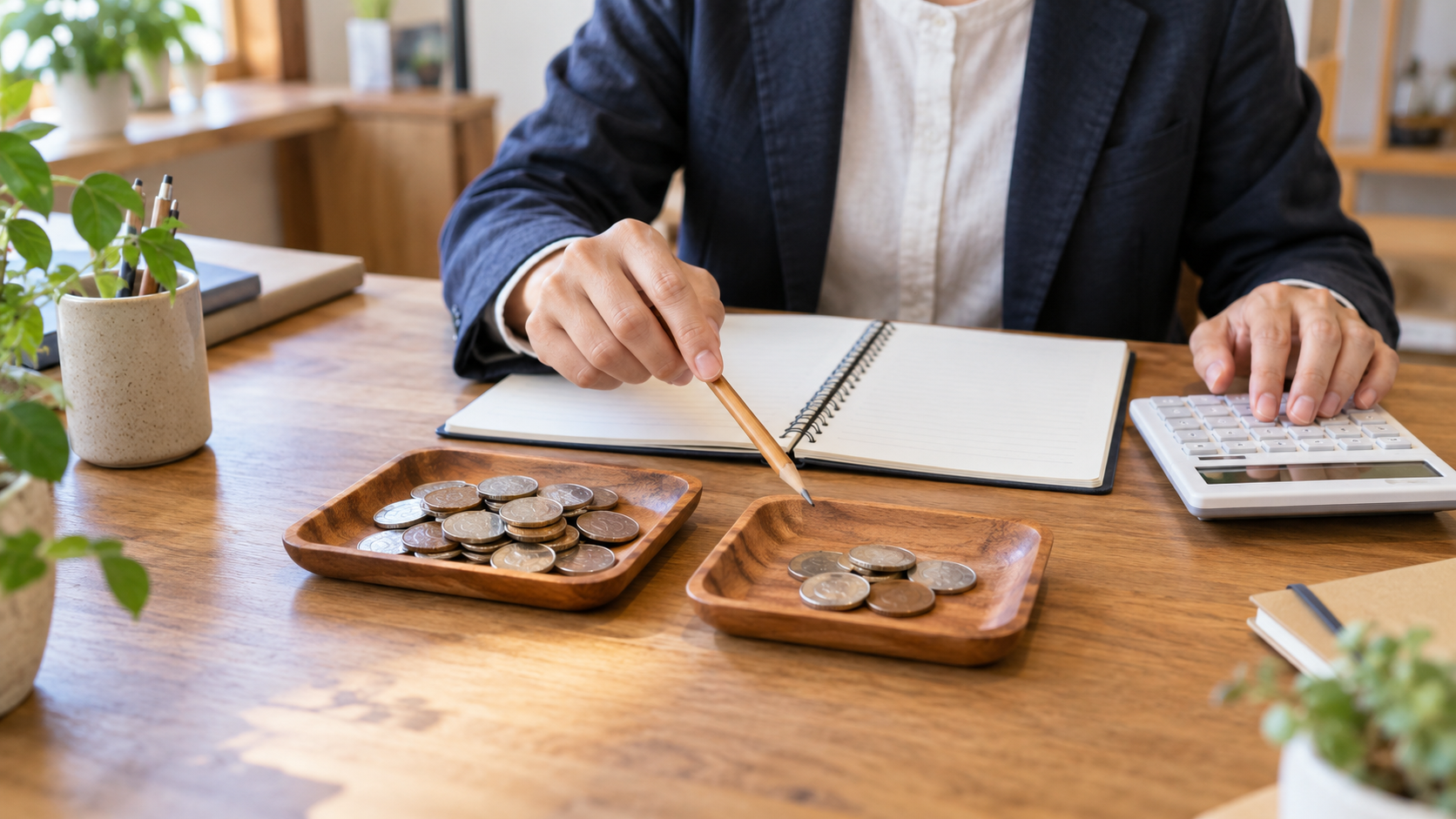 電卓と二つのコイントレーを使い金額差を比べる手元