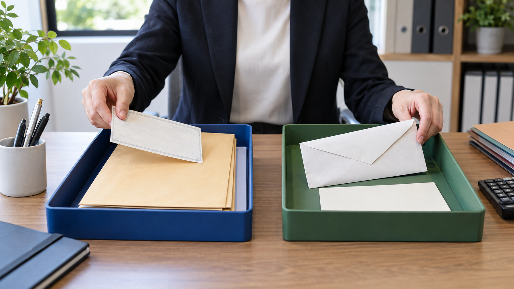 発行する書類と受け取った書類を二つのトレーに分ける経理担当者