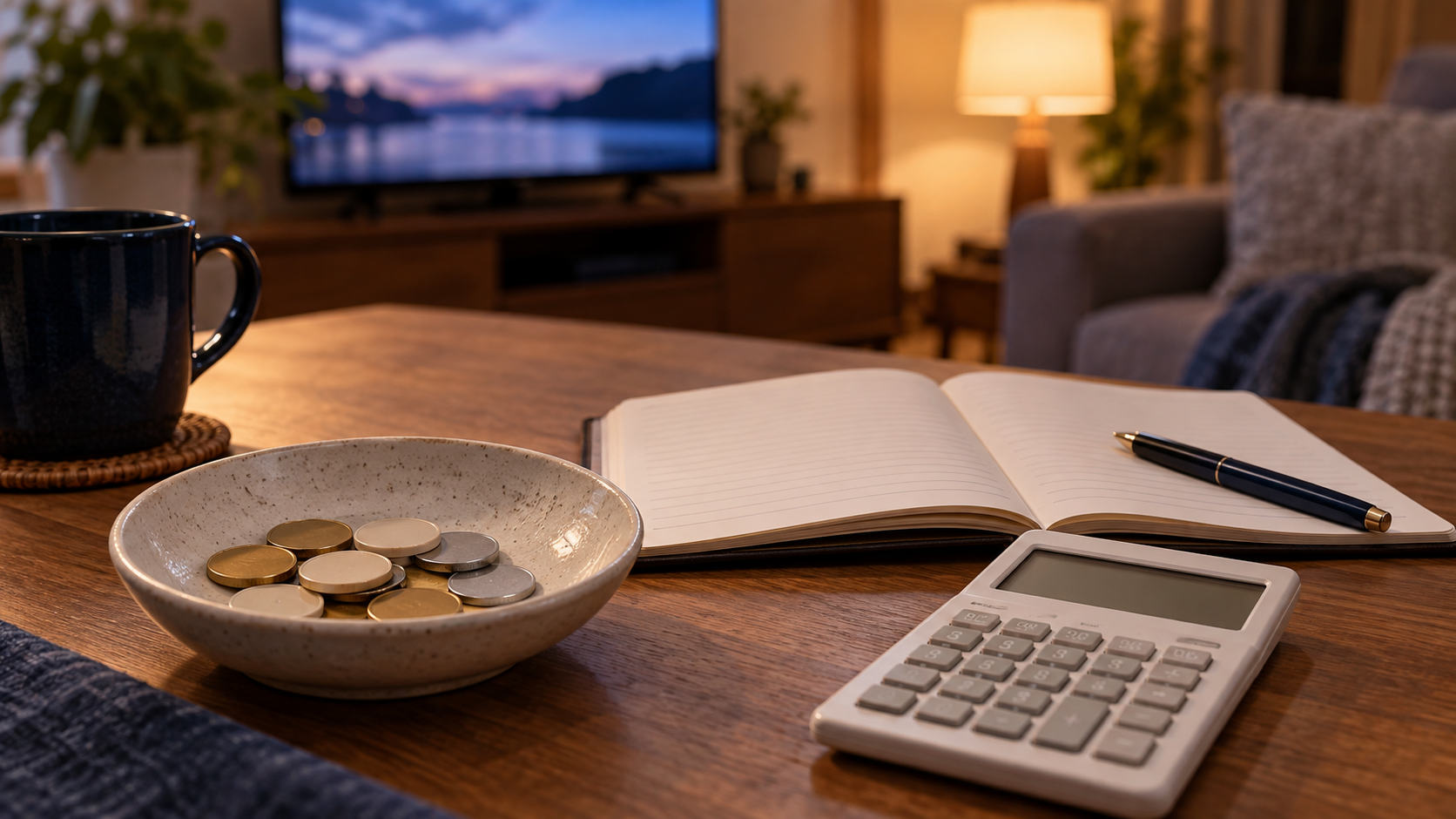 電卓とノート、コインを使って月額料金とポイントを分けて考える机上