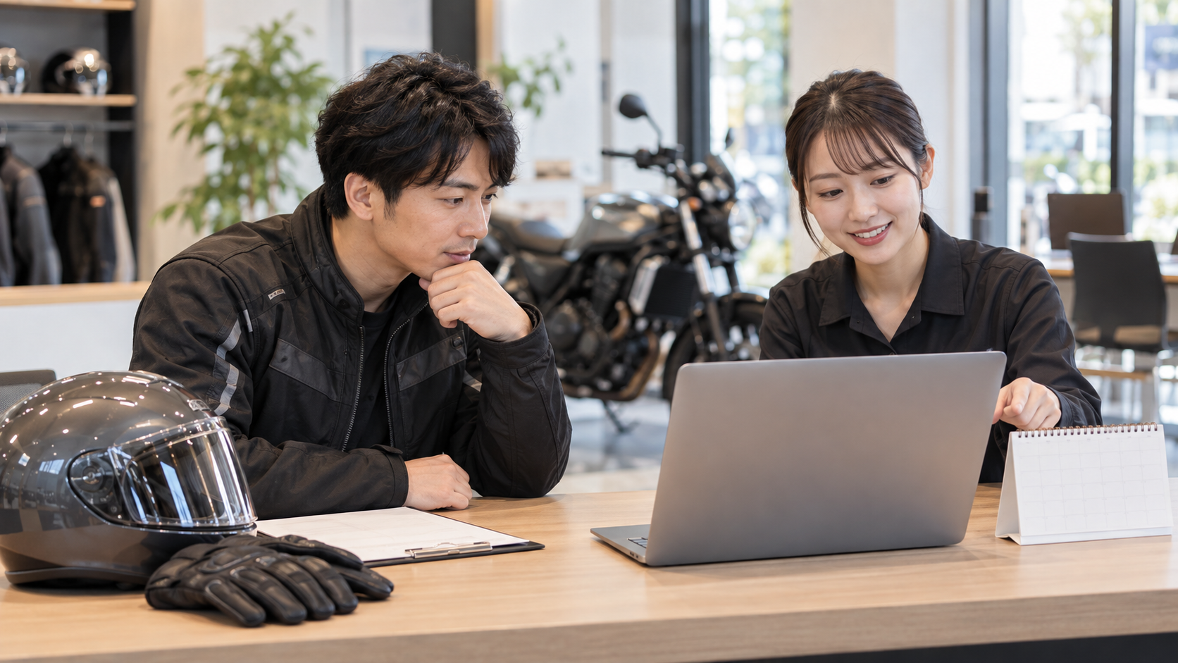 バイクの手続き日程を相談する場面