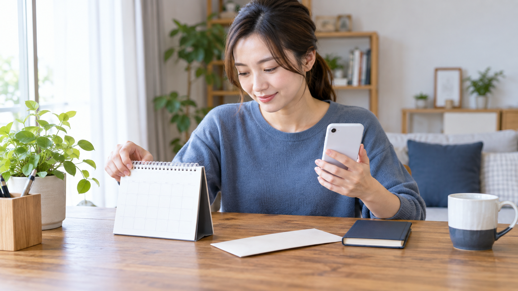 スマートフォンとカレンダーを使い登録済みの支払い方法を確認する人