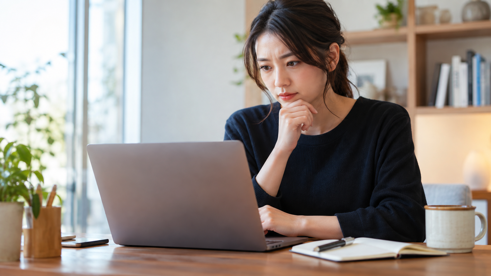 ノートPCを見ながら契約内容を考える女性
