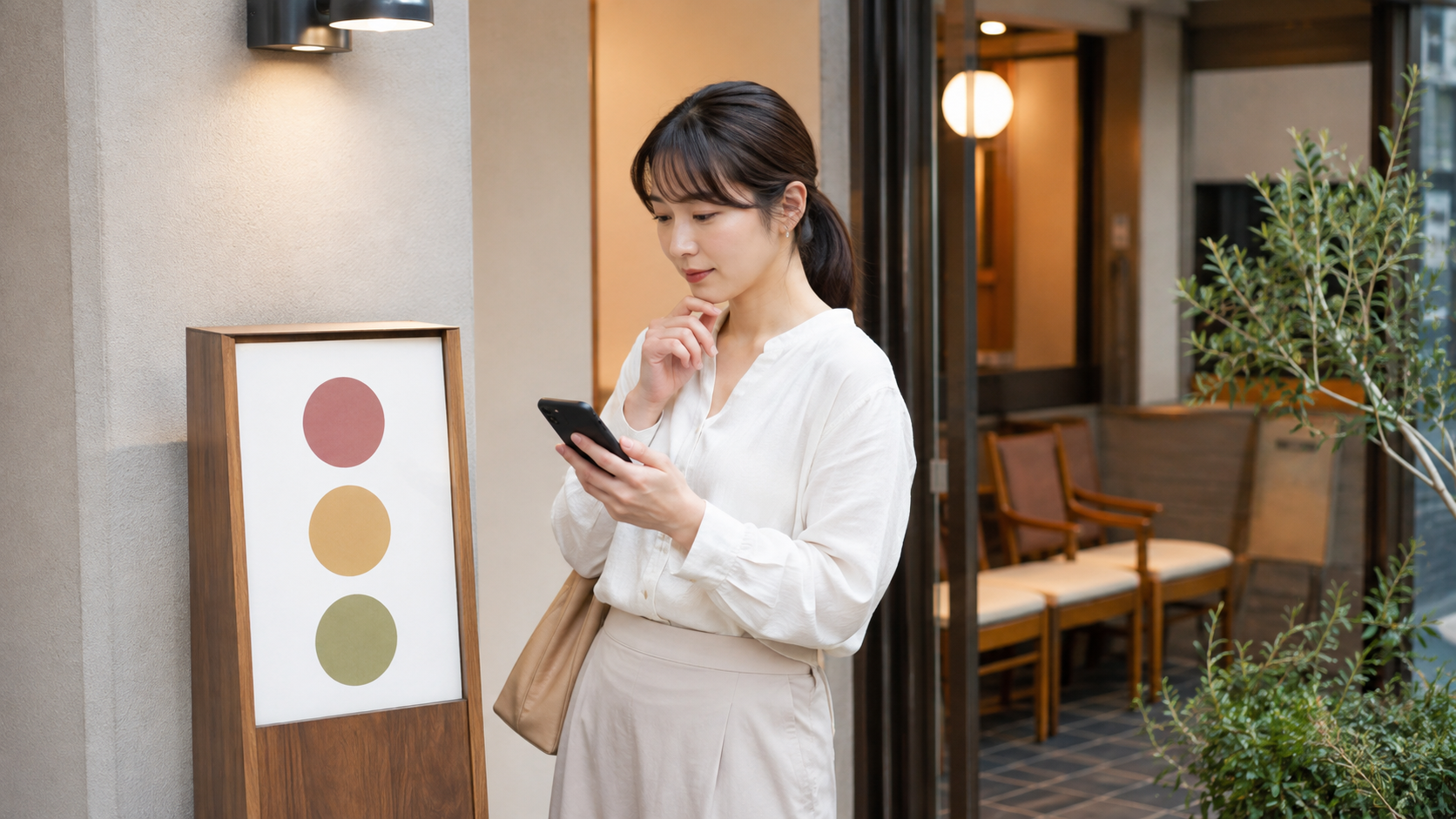 店舗前で価格帯を確認する利用者のイメージ