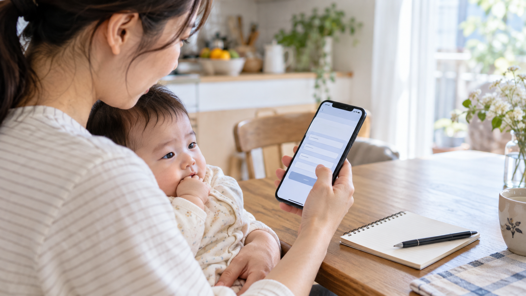 スマートフォンで手続を準備する親子