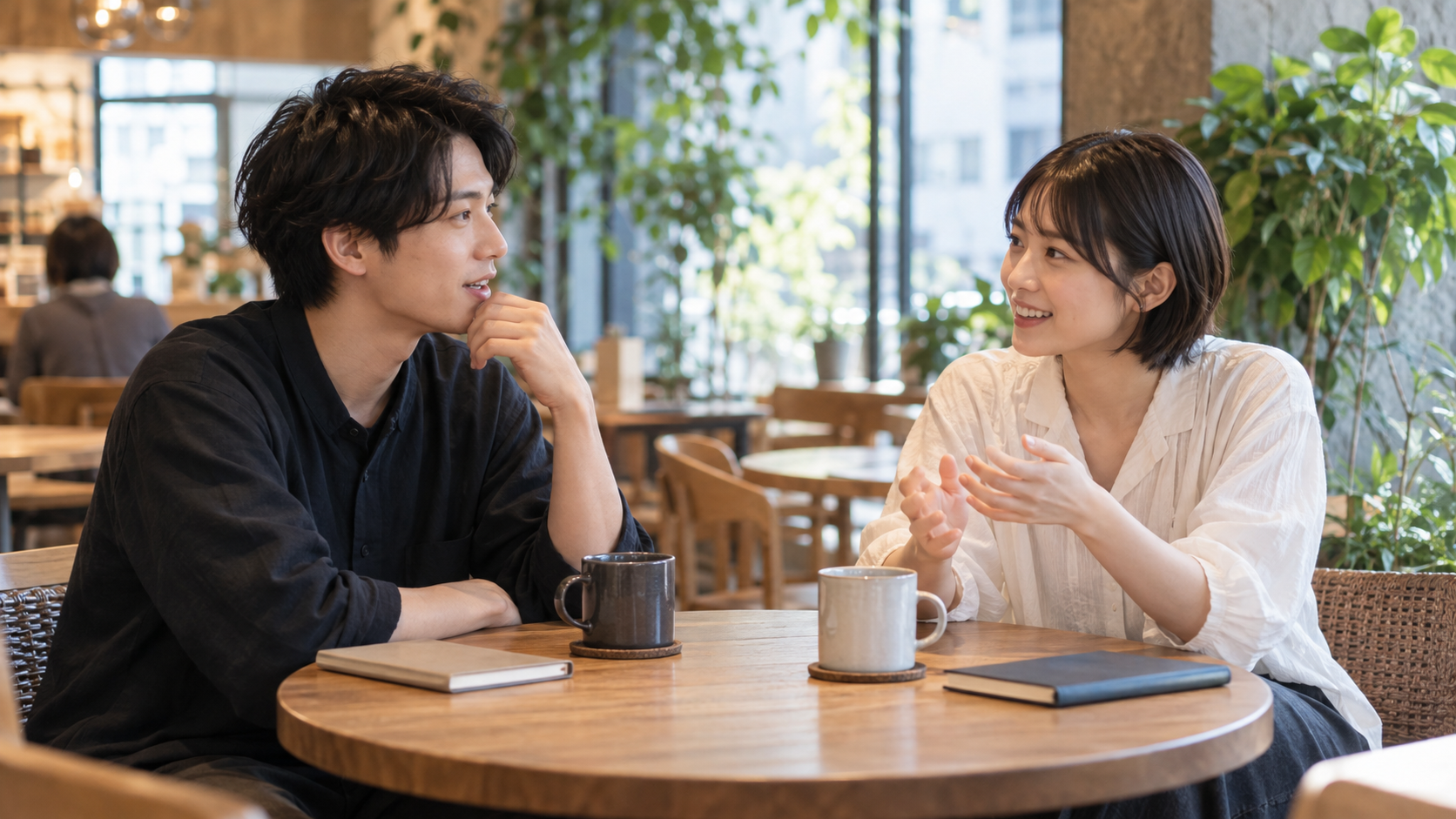 カフェで落ち着いて会話する二人の大人
