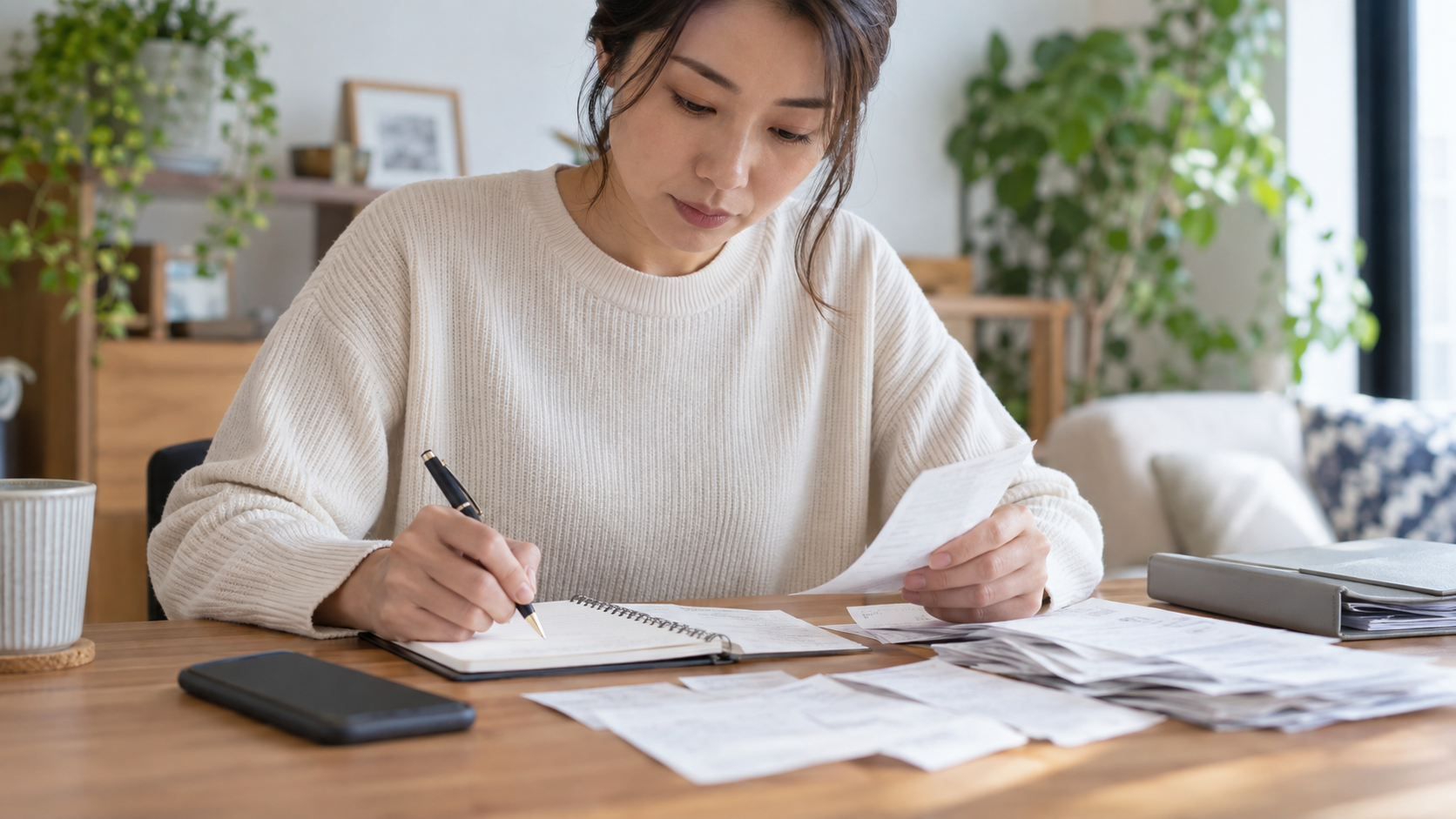 明細とノートを見ながら記録を整理する女性