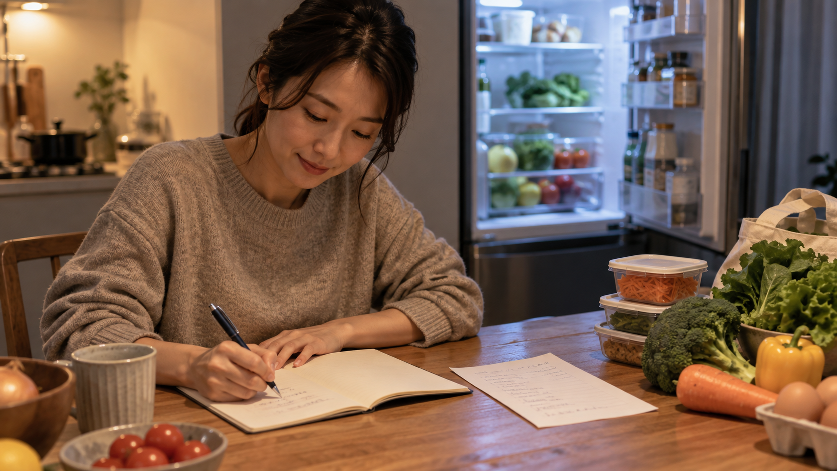 買い物前の食品メモを作るキッチンの手元
