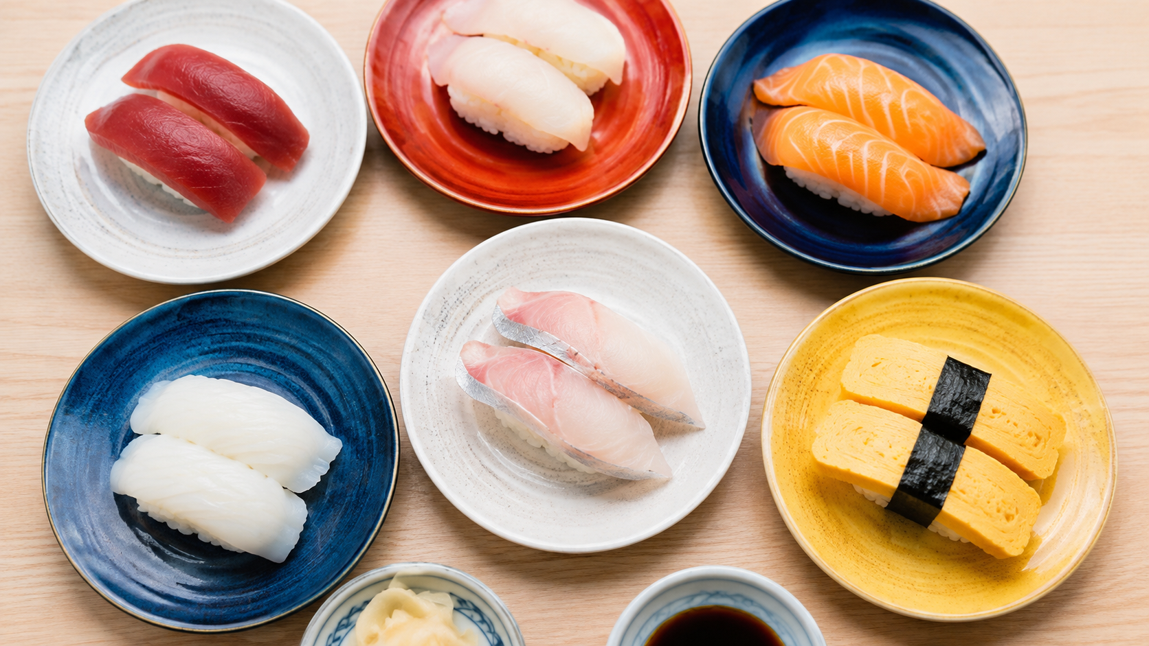 色の異なる皿に盛られた複数の寿司を見比べるイメージ