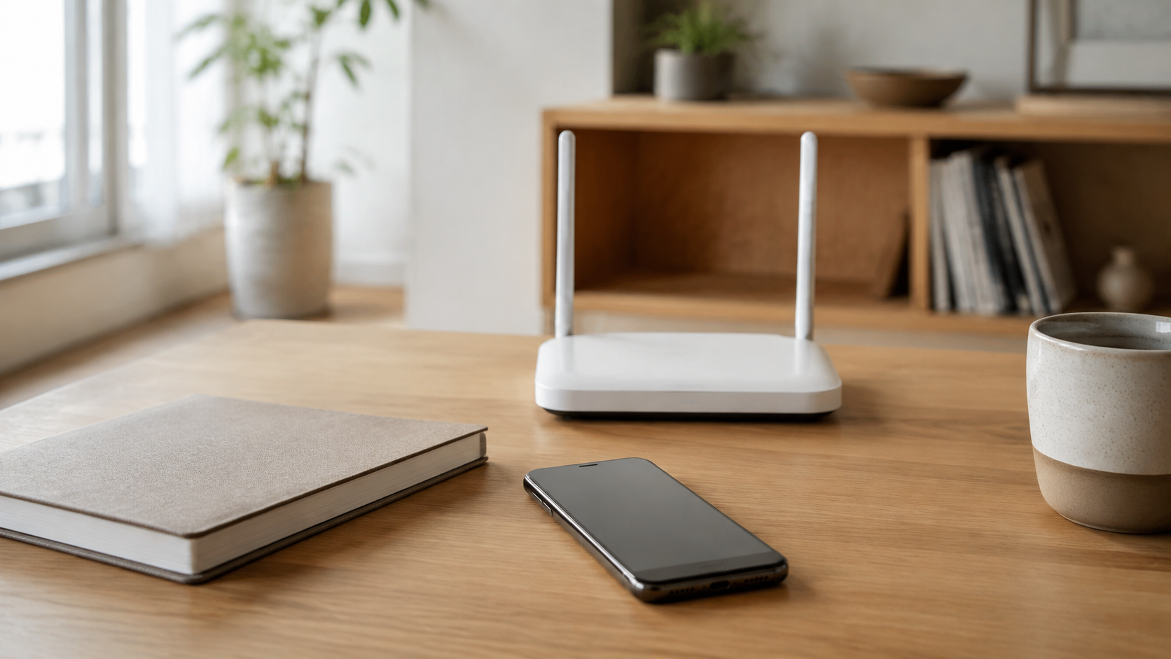 無地のスマートフォンと家庭用ルーターを置いたイメージ