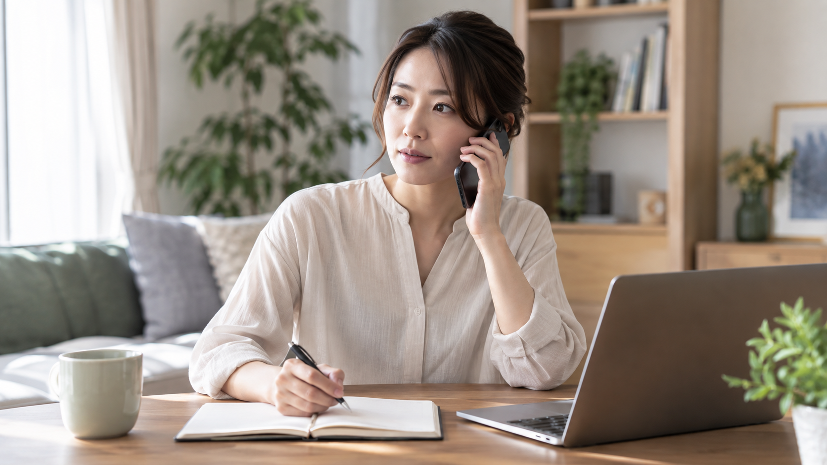 メモを取りながら電話で問い合わせる女性