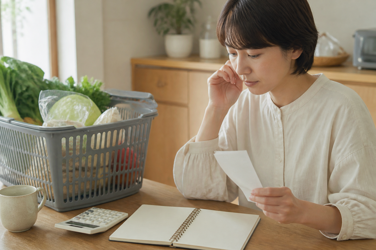 買い物かごと無地のレシート、家計ノートを前に考える人物