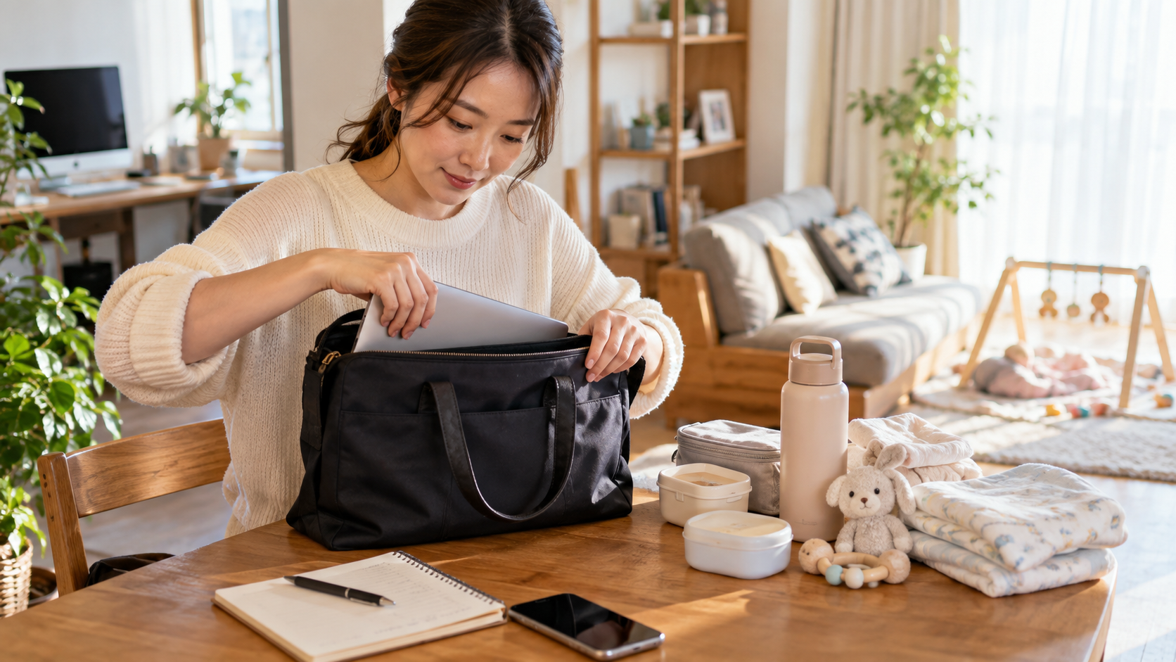 育児用品と仕事の準備を整えるフリーランス