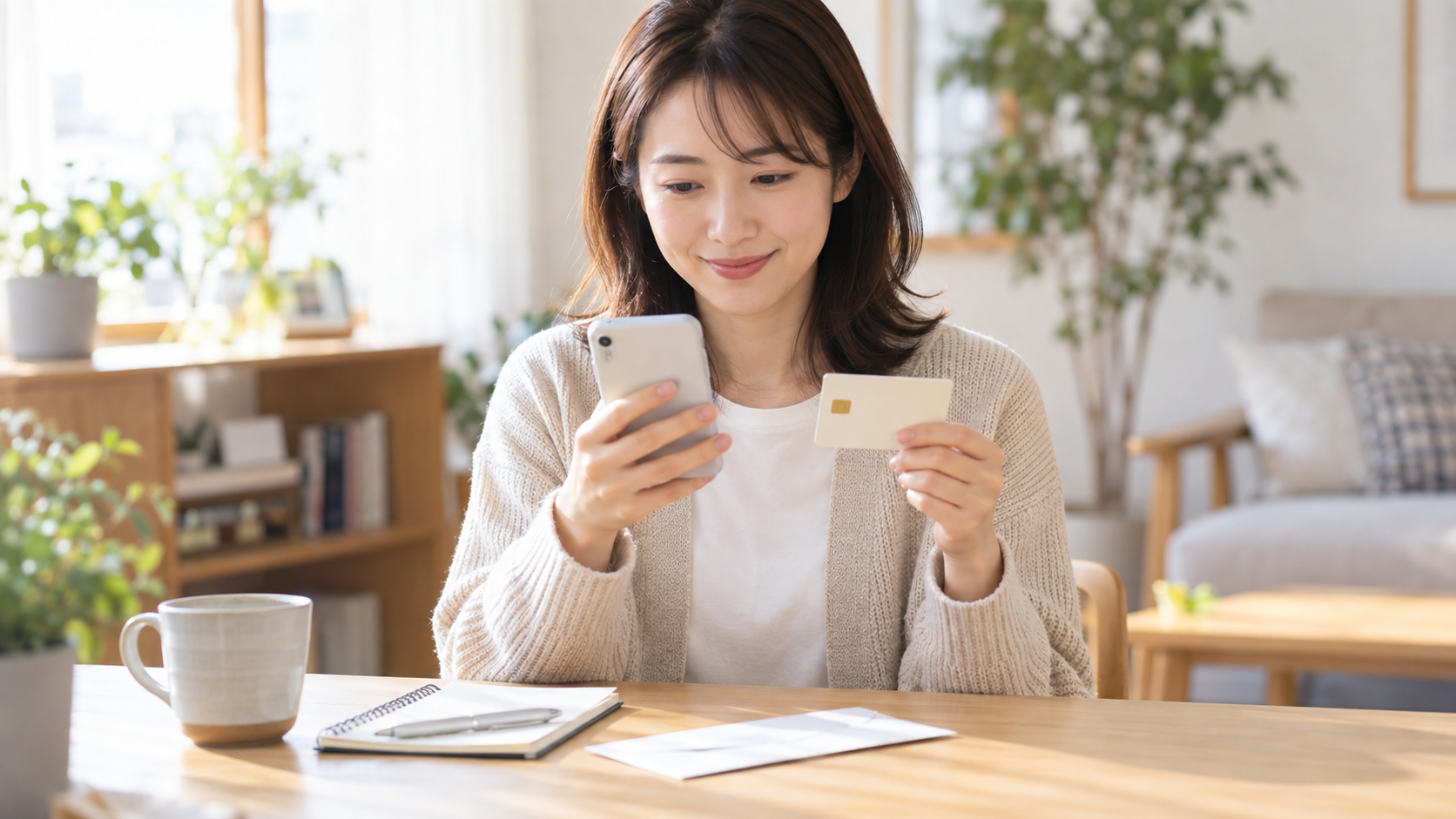 無地のカードとスマートフォンを使い、利用設定を確認する自宅の机
