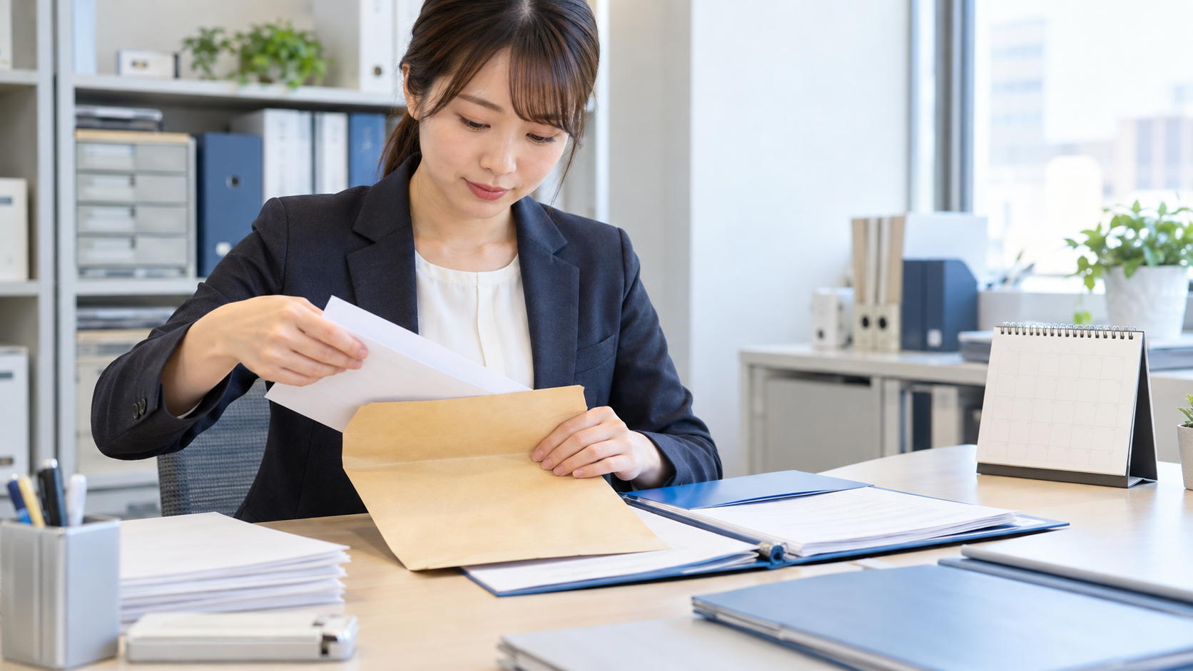 書類を封筒に入れて提出準備をする人事担当者