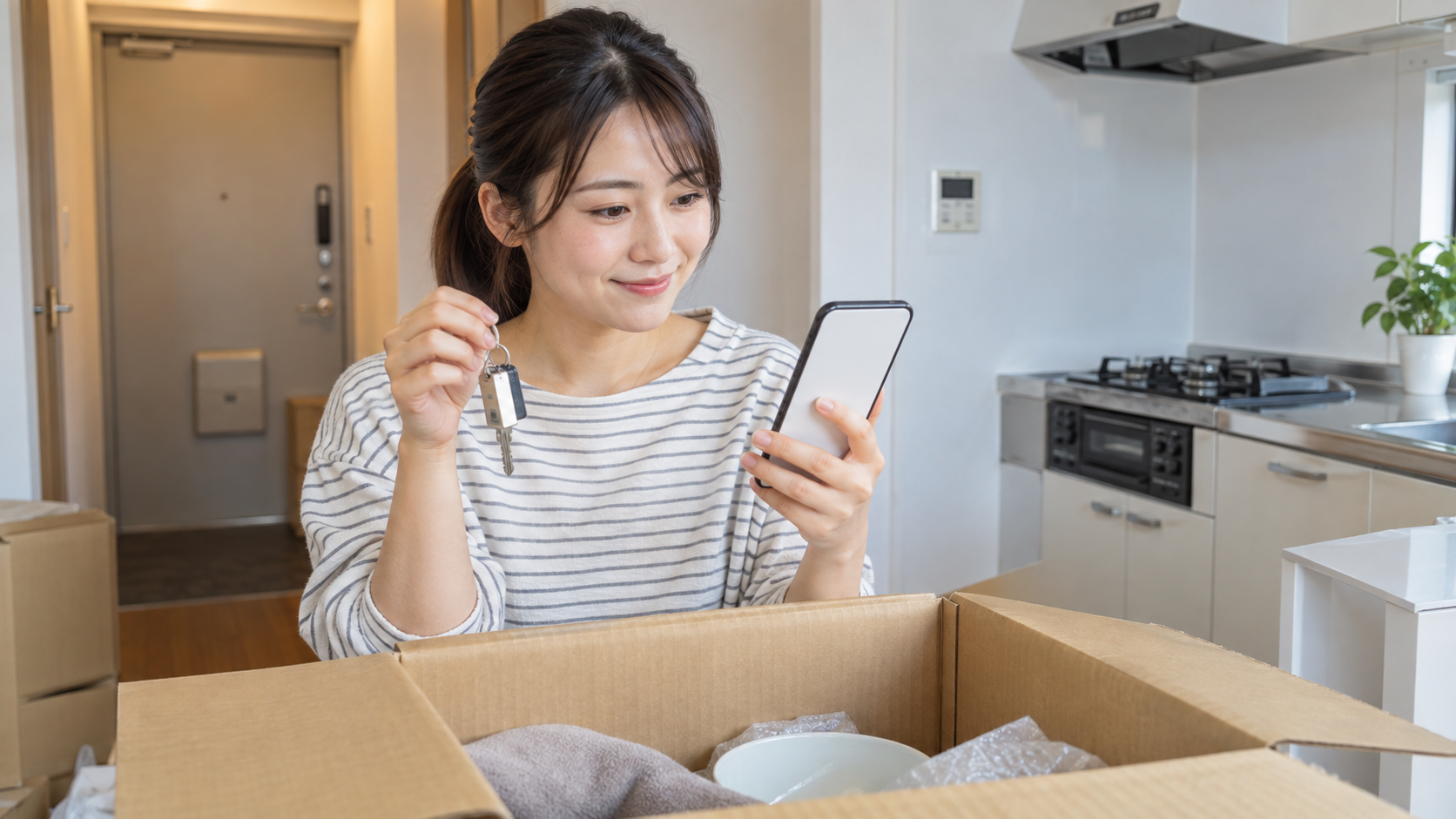 引っ越し先のキッチンで鍵とスマートフォンを持ちガス契約を準備する様子