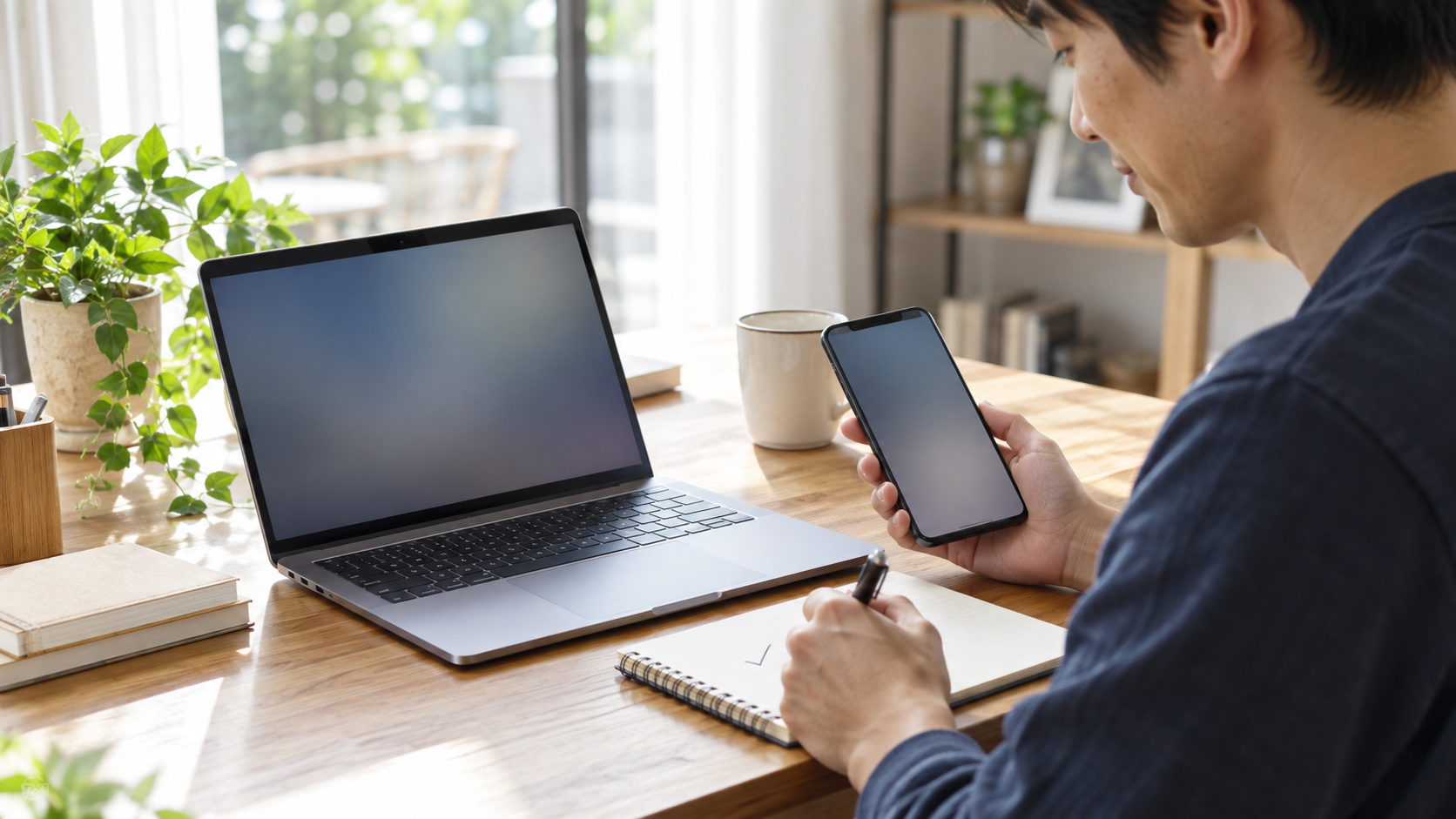 スマートフォンとパソコンで連絡先変更後の受信を確認する様子