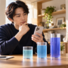 スマートフォンを見ながら三つの利用量の段階を比べる人
