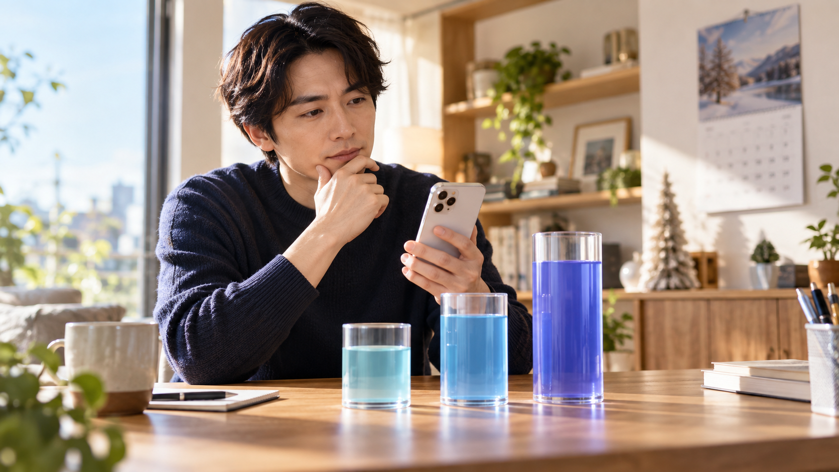スマートフォンを見ながら三つの利用量の段階を比べる人