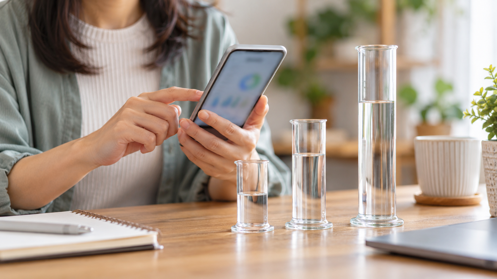 スマートフォンで利用量を見ながら高さの異なる三つの計量器を比べる手元