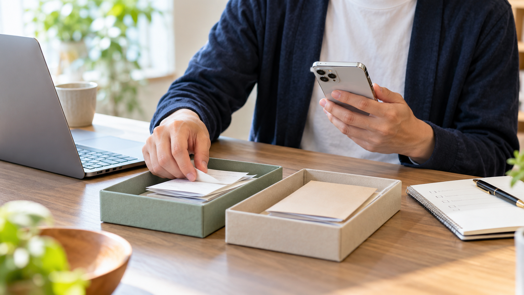 スマートフォンと書類を使い資金の置き場を整理する様子