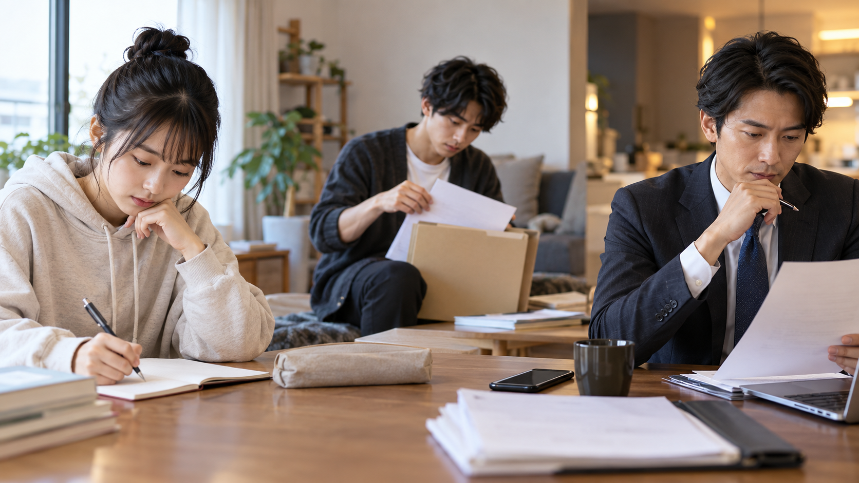 学生、求職中の人、働く人がそれぞれ書類を確認する様子