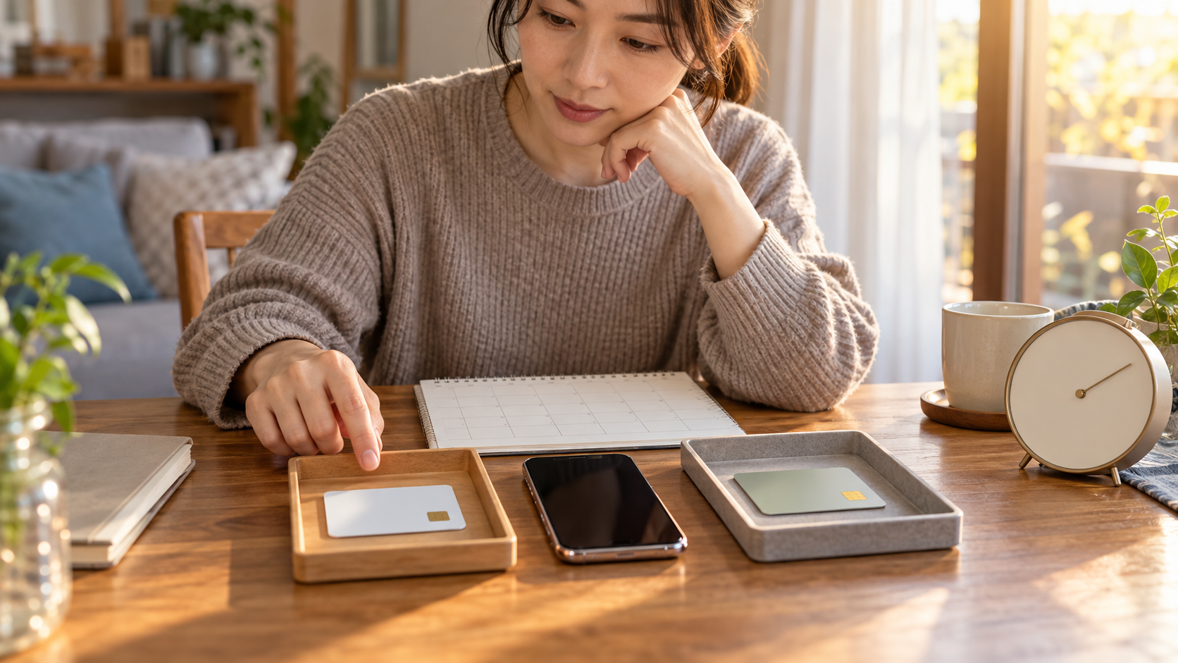 カレンダーと二つに分けた契約カードを前にスマートフォンを確認する人