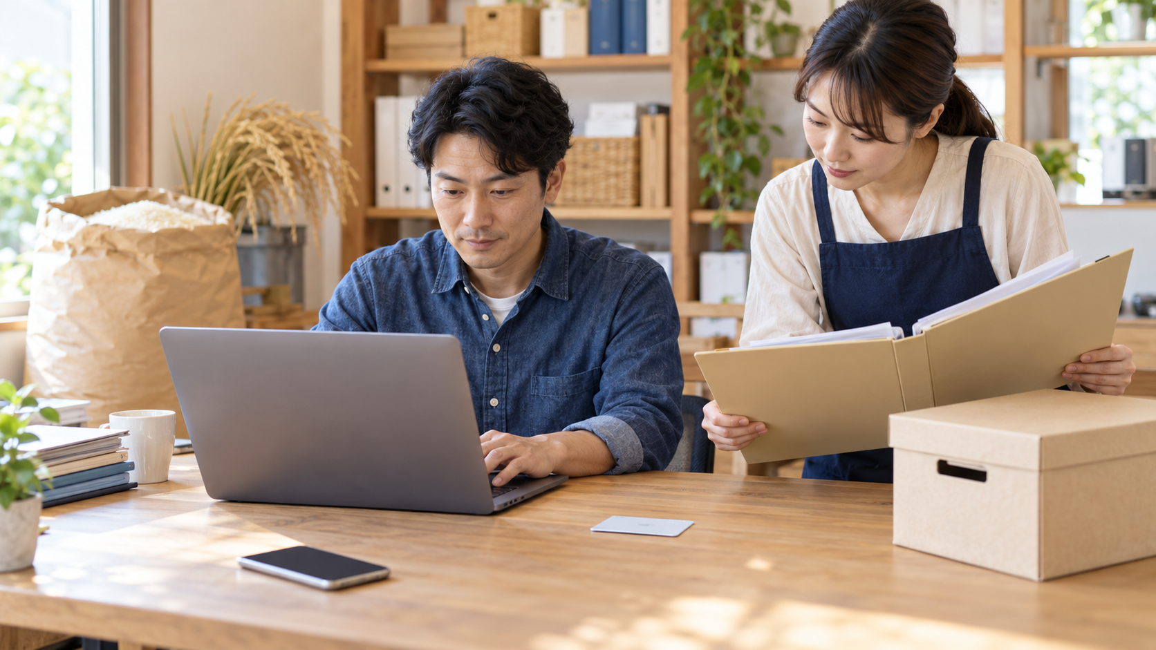 パソコンと書類を使い電子申請と帳簿保存を準備する米穀事業者のイメージ