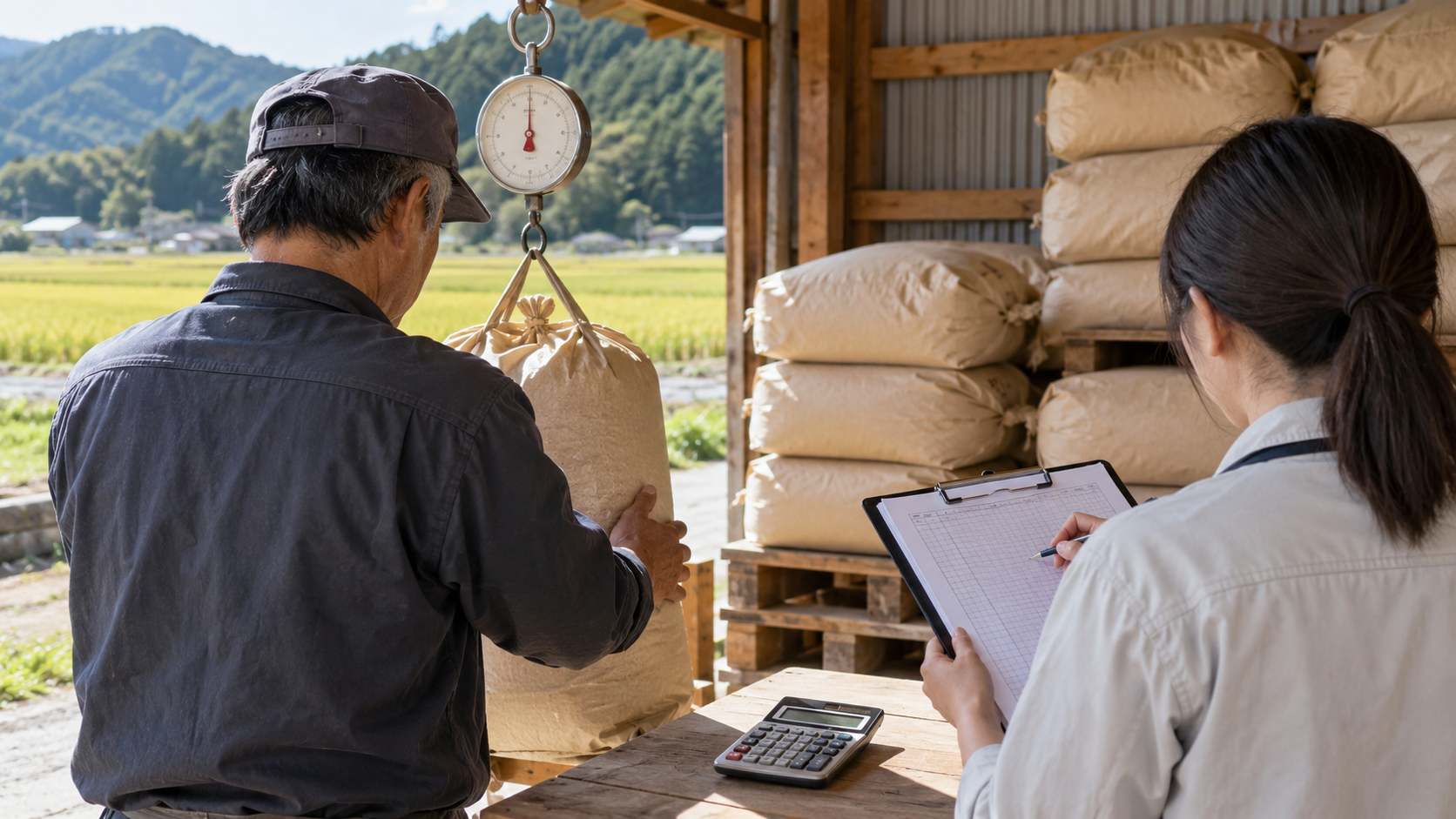 米袋を量りながら年間取扱量を確認する作業のイメージ